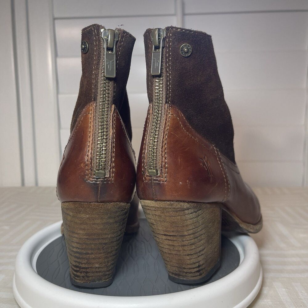 Frye Tessa Zip Short Low Boot Womens 5.5 Brown Cognac Leather Suede Cuban Heel - Picture 3 of 10